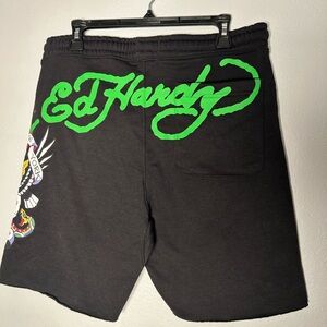 Ed Hardy Black Athletic Shorts with Neon Green Script Logo